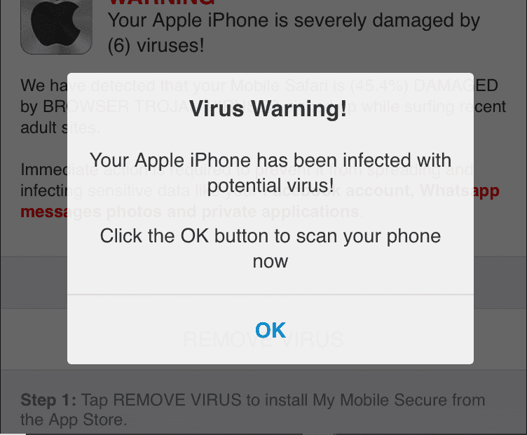 iPhone Virus Warning Popup