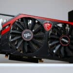 a close up of a red and black graphics card