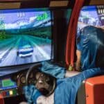 man in blue jacket driving car