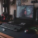 a laptop sits on top of a desk