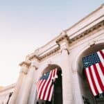 USA flag hanging in building